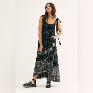 Free People Bare It All Low Back Tassel Maxi Dress in Black Mixed Floral
